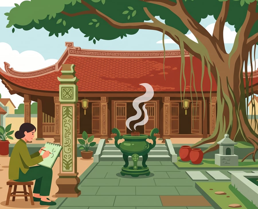 Ngôi đình cổ mái ngói cong, một người đang ghi chép lại hoa văn