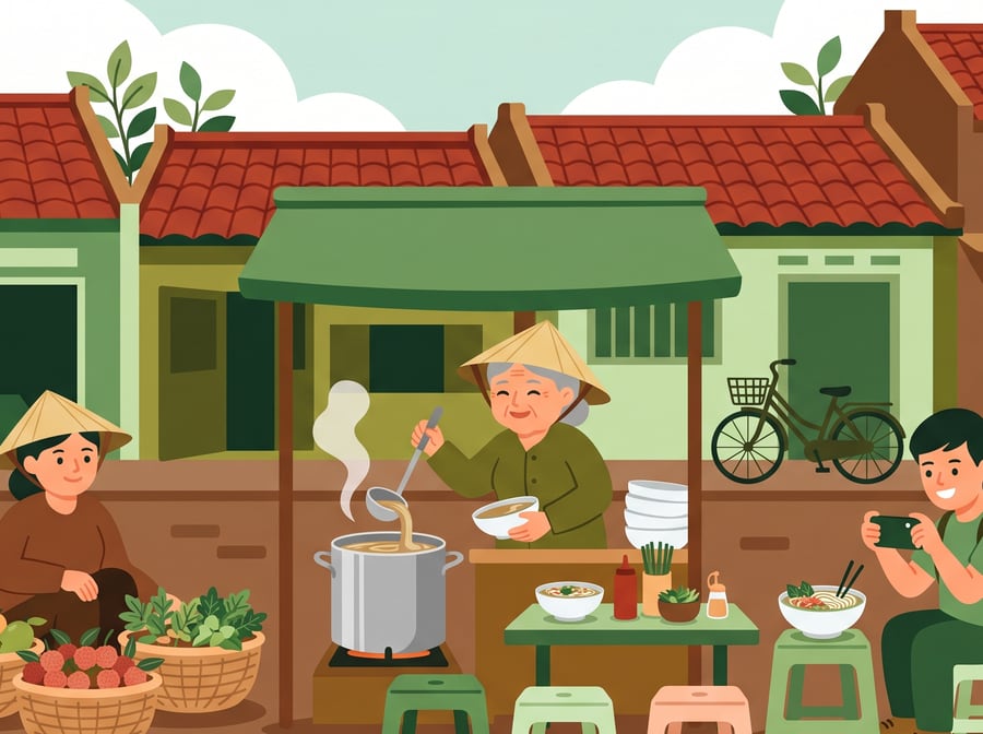 Góc phố quê với quán ăn nhỏ và phiên chợ sớm, người dân qua lại