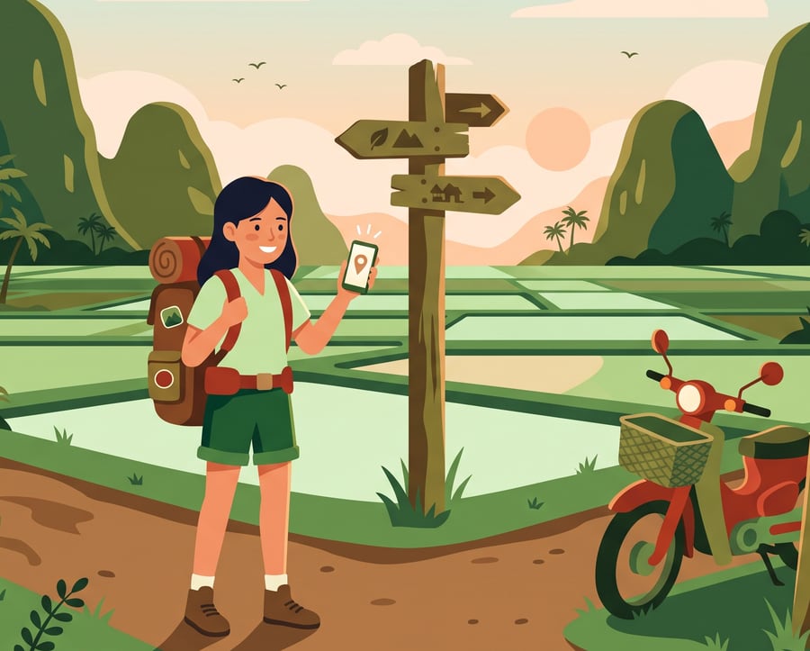 Người đi bụi đứng trước ngã ba đường quê, tay cầm điện thoại mở bản đồ